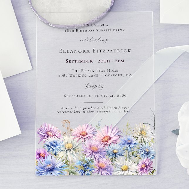 ACRYLIC SURPRISE PARTY 18 September Birth Flower  Invitations (Creator Uploaded)