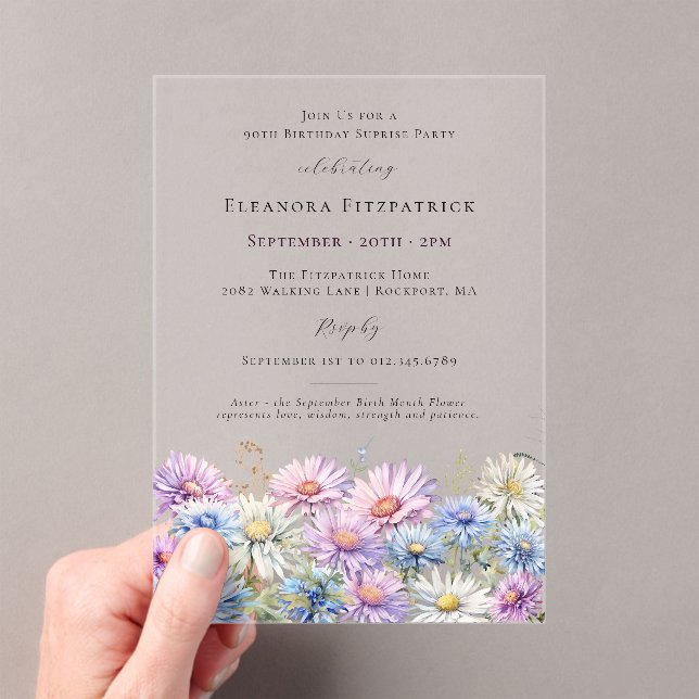 ACRYLIC SURPRISE PARTY 90 September Birth Flower  Invitations (Insitu (Handheld))