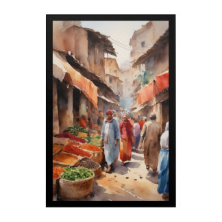 Acrylic Wall Art Vibrant Market Scene Traditional