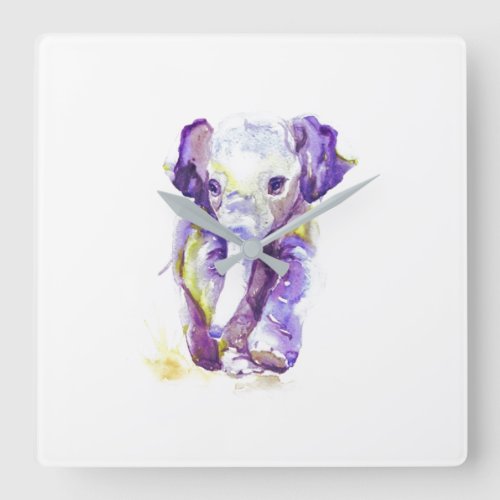 Acrylic Wall Clock w Purple Watercolor Elephant 