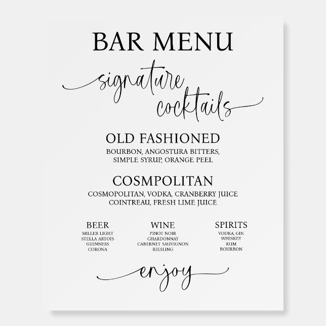 Acrylic Wedding Bar Menu Sign (Front)