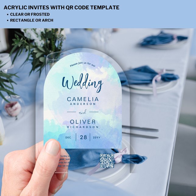 ACRYLIC WEDDING Beachy Sjy BLUE Green QR Code RSVP Acrylic Invitations (Creator Uploaded)