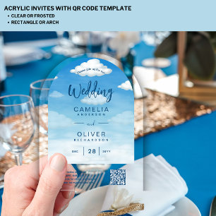 ACRYLIC WEDDING Clouds Sky BLUE Green QR Code RSVP Acrylic Invitations