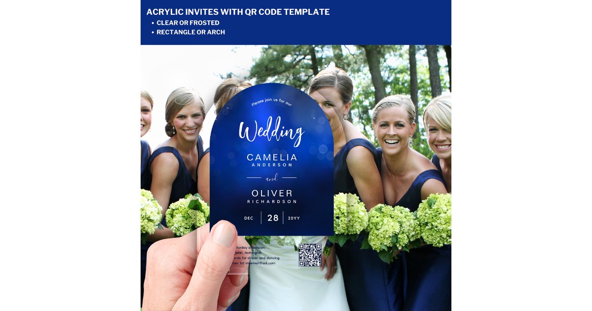 Marry Blue Code ACRYLIC WEDDING Deep Ombre Blue QR Code RSVP Invitations | Zazzle