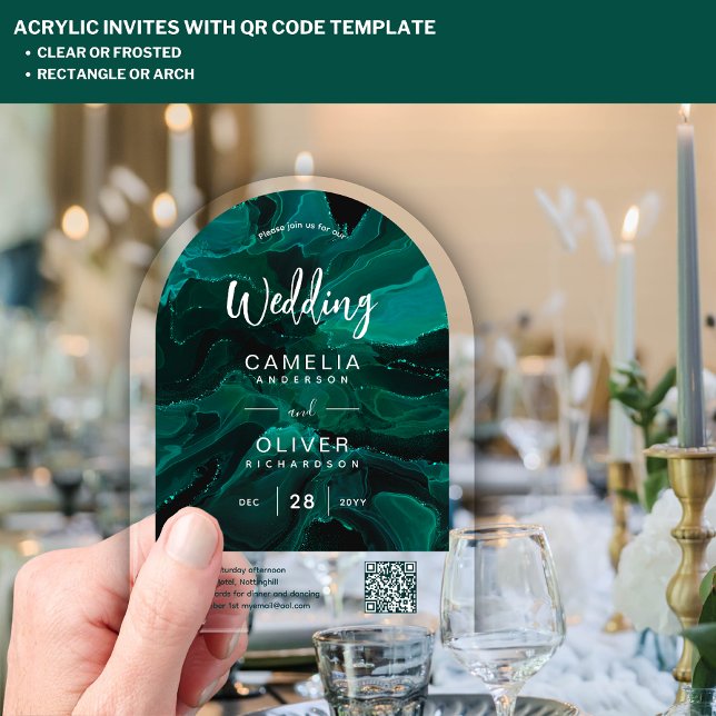ACRYLIC WEDDING Emerald Green QR Code RSVP Website Acrylic Invitations (Creator Uploaded)