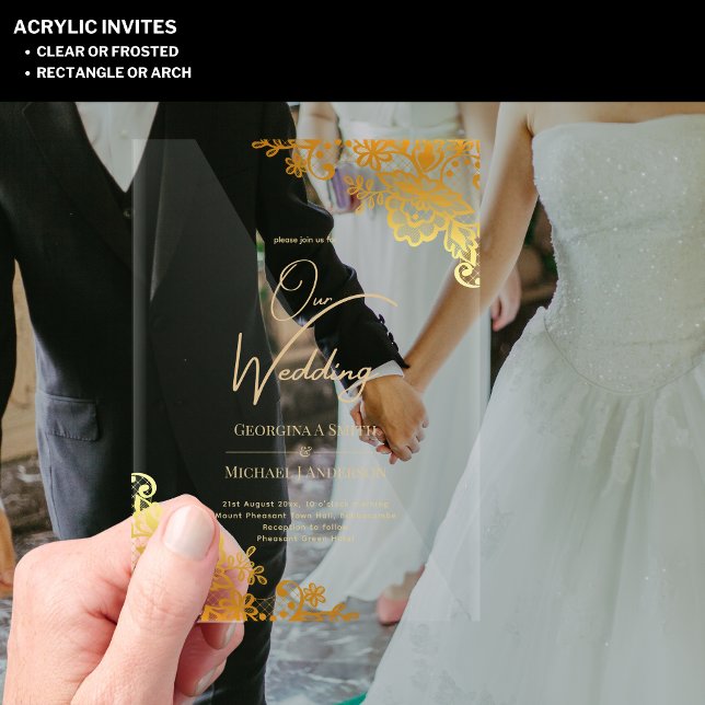 ACRYLIC Wedding Gold Lace Text Elegant Clear Invitations (Creator Uploaded)