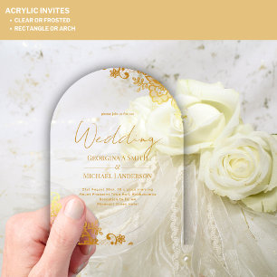 ACRYLIC Wedding Gold Lace Text Elegant Clear Invitations