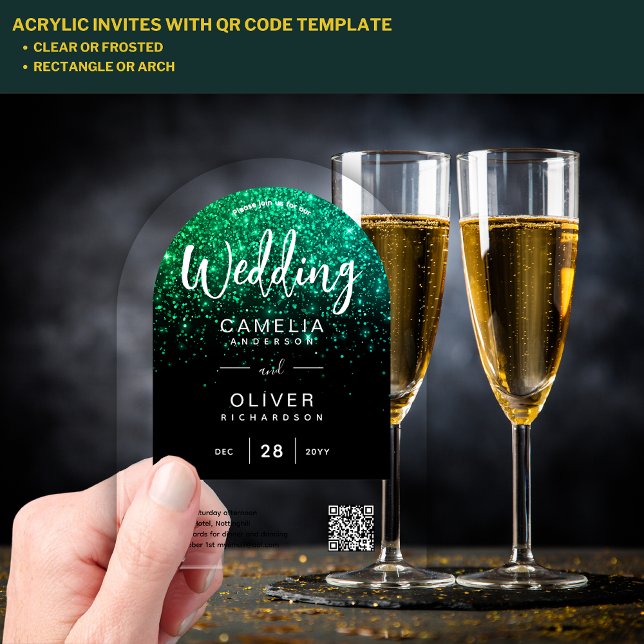 ACRYLIC WEDDING Green Glitter QR Code RSVP Website Invitations (Creator Uploaded)