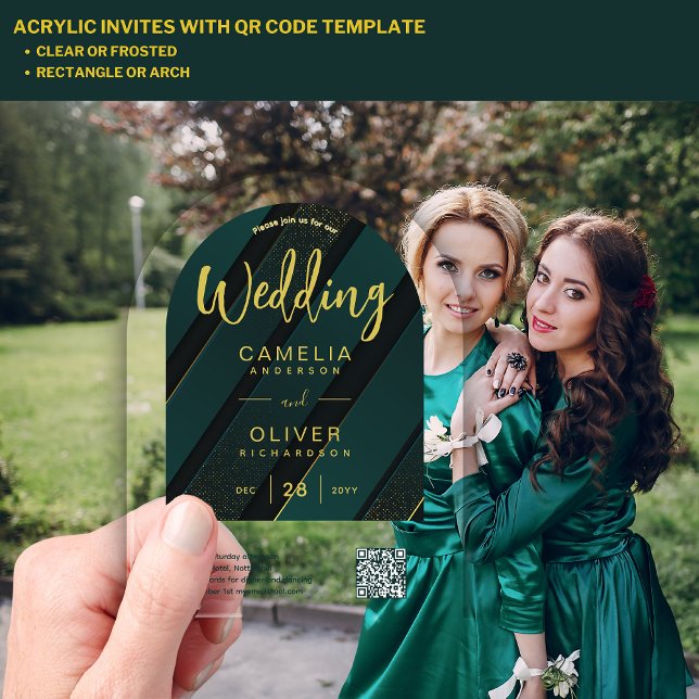 ACRYLIC WEDDING Green Gold QR Code RSVP Website Invitations (Creator Uploaded)