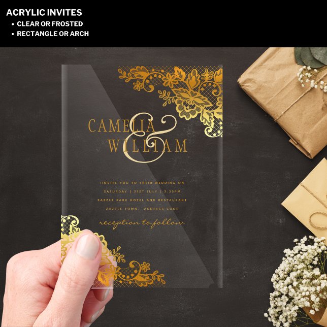 ACRYLIC Wedding Invites Gold Lace Clear Modern Invitations (Creator Uploaded)