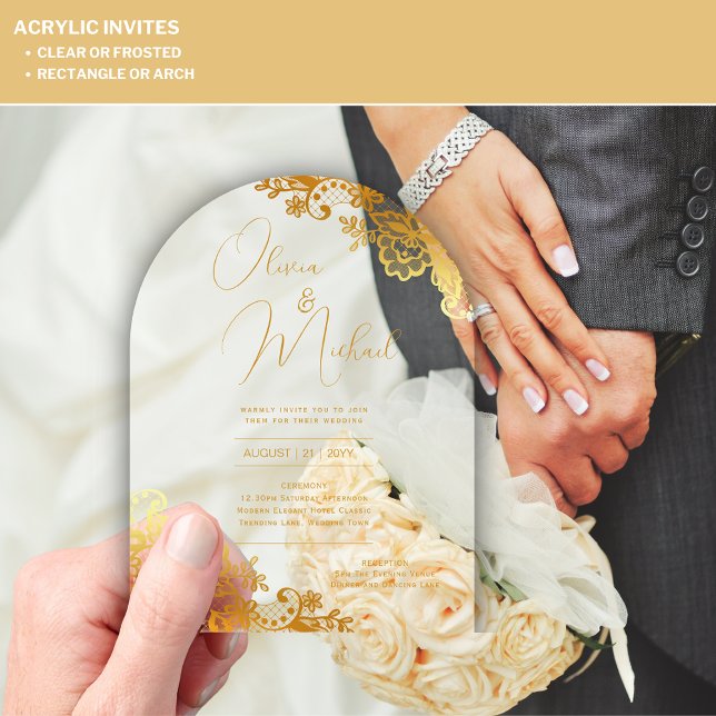 ACRYLIC Wedding Invites Gold Text Lace Elegant Invitations (Creator Uploaded)