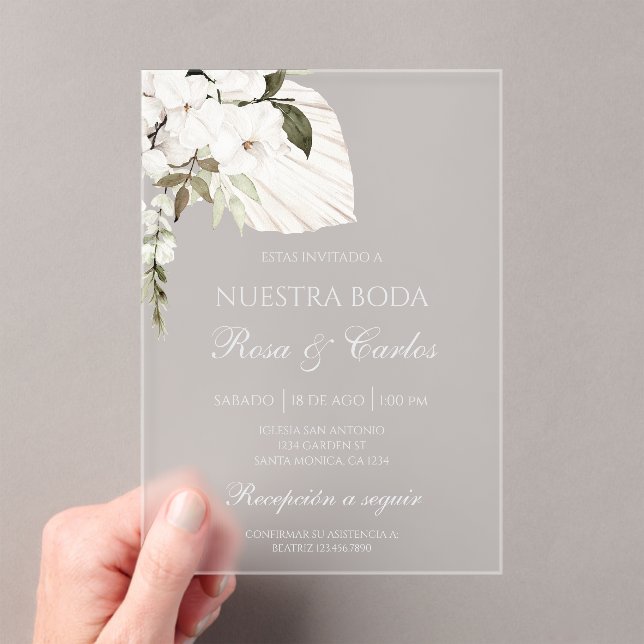 Acrylic white boho Spanish wedding Acrylic Invitations (Insitu (Handheld))