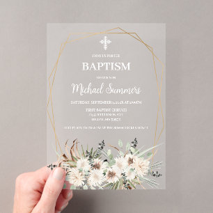 Acrylic White floral Boho Baptism Invitation