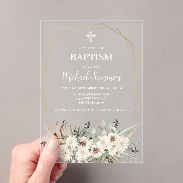 Acrylic White floral Boho Baptism Invitation (Insitu (Handheld))