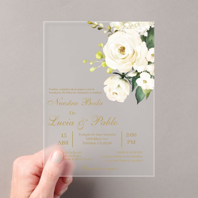 Acrylic white rose Wedding invitation in spanish (Insitu (Handheld))