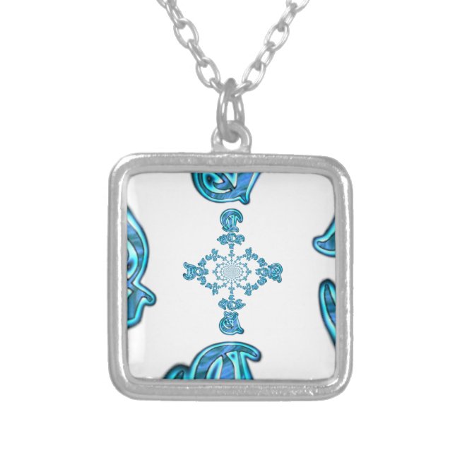 Action Cyan Teal Abstract Graffiti Art Print Silver Plated Necklace (Front)