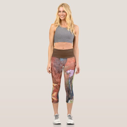 Active wear capri leggings with abstract botanical