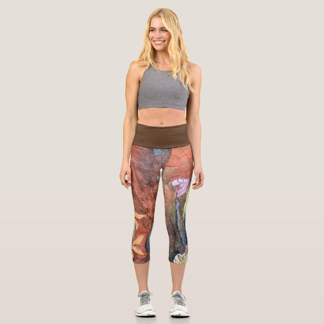 Active wear capri leggings with abstract botanical (Front)