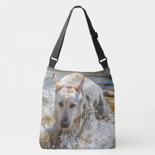 Active Yellow Labrador Splashing: Pet Photography Crossbody Bag