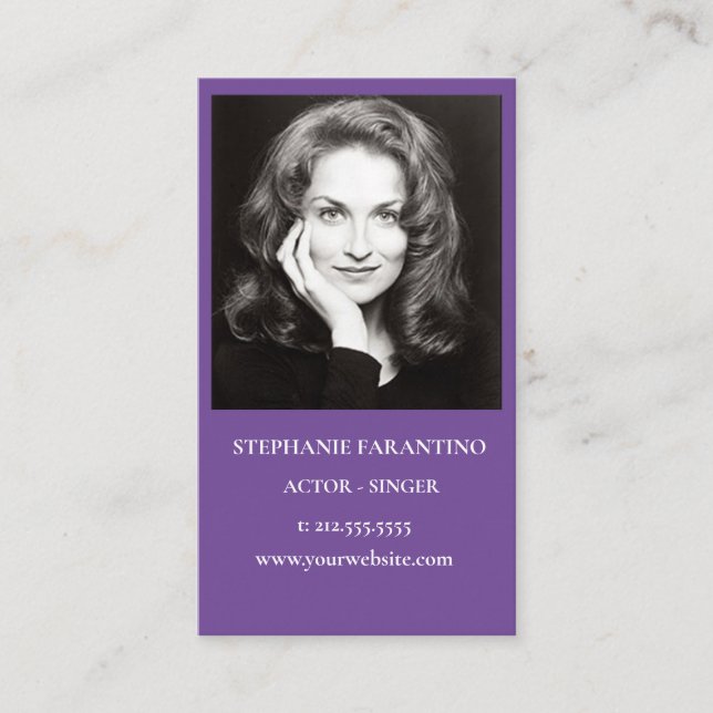 Actor Black & White Headshot Vertical Purple Business Card (Front)