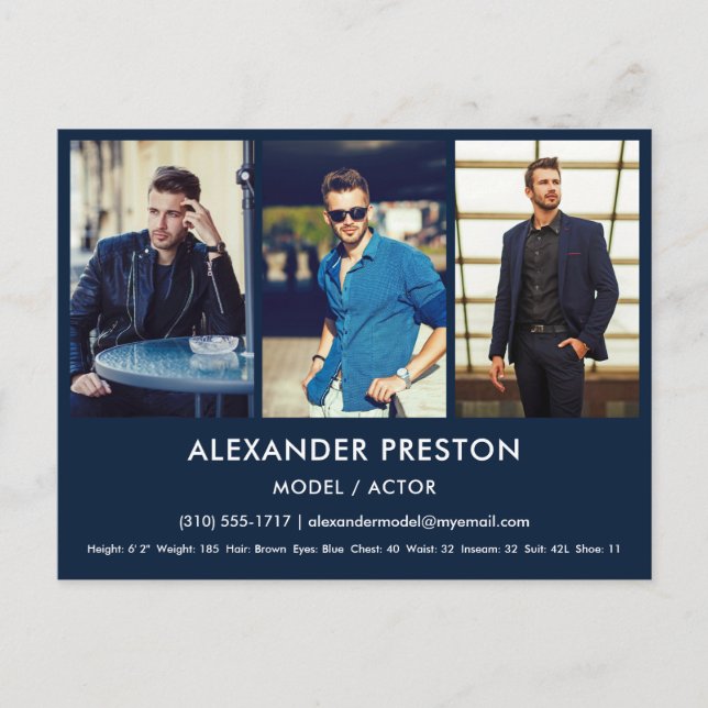 Actor Model Comp/Zed Card 3 Photo Blue Postcard (Front)