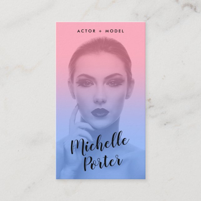 Actor models headshot photo blue pink gradient business card (Front)