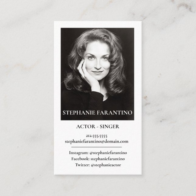 Actor Singer Black & White Vertical Photo Business Card (Front)