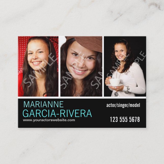 Actor Triple Headshot Stats Business Card (Front)