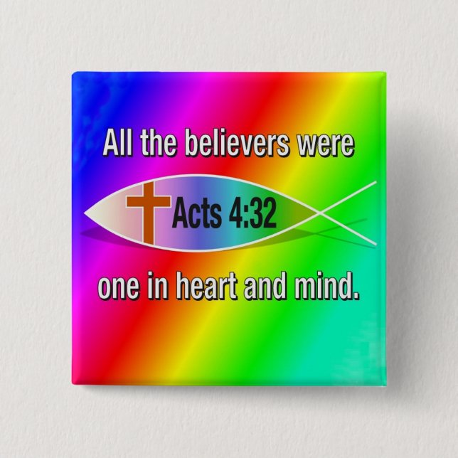 Acts 4:32 Christian fish rainbow button (Front)
