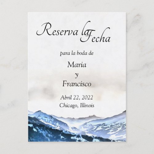 Acuarela de Montaa Brumosa Azul Reserva la Fecha Announcement Postcard