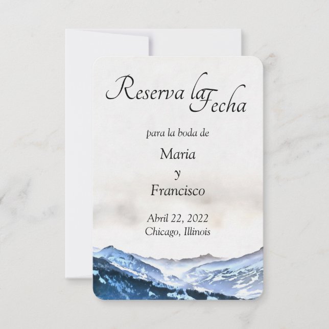 Acuarela de Montaña Brumosa Azul Reserva la Fecha Save The Date (Front)