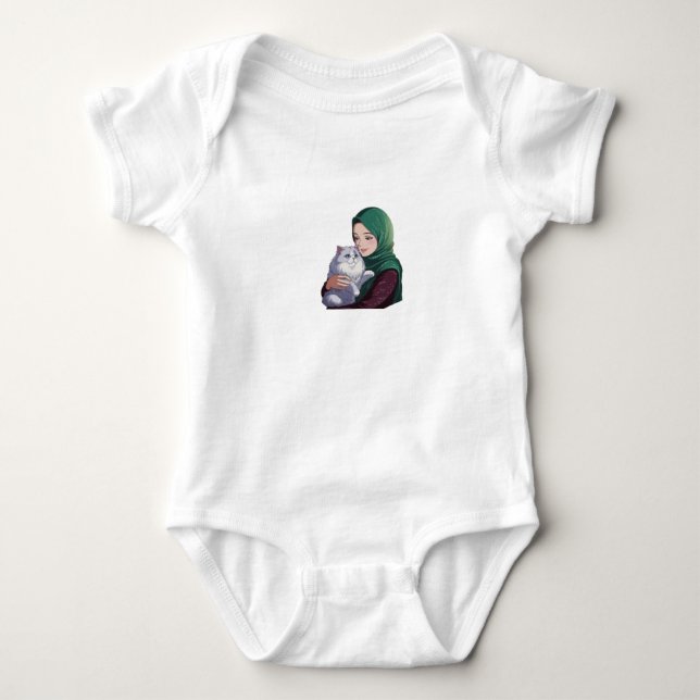 Acute girl hug cute cat baby bodysuit (Front)