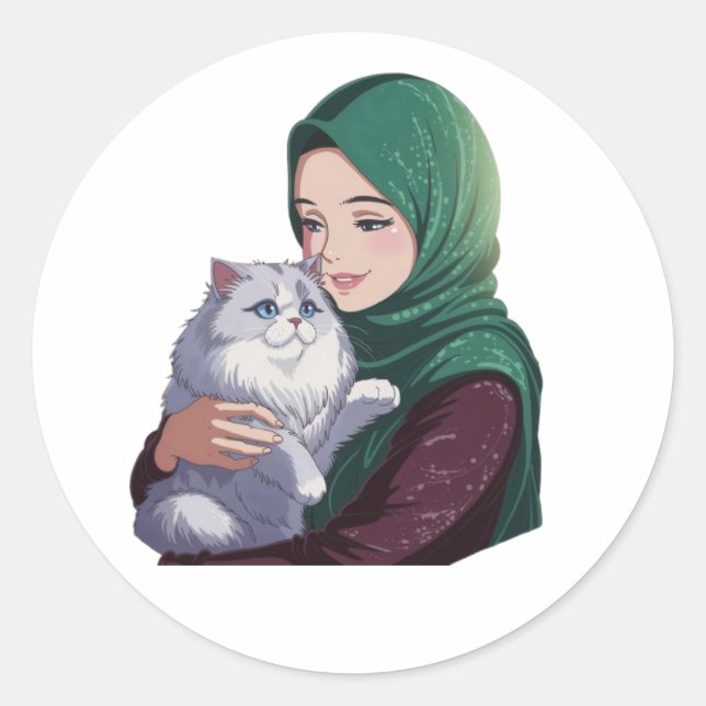 Acute girl hug cute cat classic round sticker (Front)