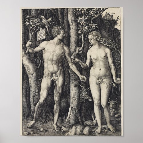 Adam and Eve Engraving by Albrecht Durer Poster