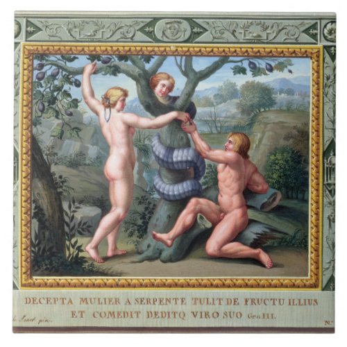 Adam and Eve with the Serpent illustration from t Ceramic Tile