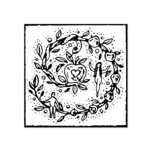 ADAM & EVE, APPLE IN GARDEN OF EDEN FOLKART WREATH RUBBER STAMP