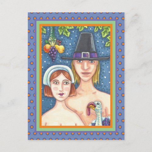 ADAM  EVE PILGRIMS BIBLICAL WHIMSY THANKSGIVING POSTCARD