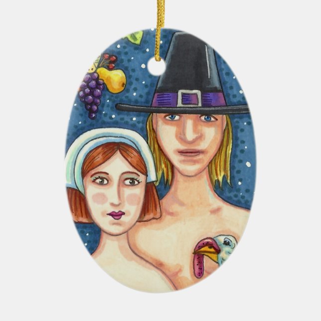 ADAM & EVE PILGRIMS THANKSGIVING KEEPSAKE CERAMIC ORNAMENT (Front)