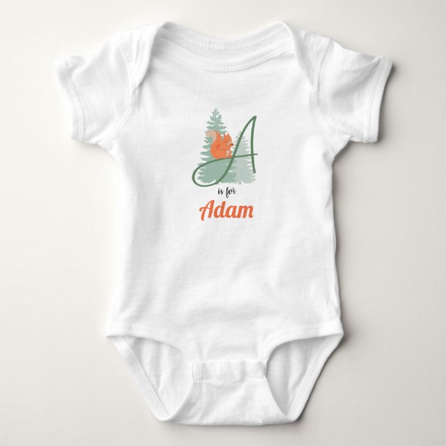 Adam Name Reveal Letter A Woodland Boy Squirrel Baby Bodysuit (Front)