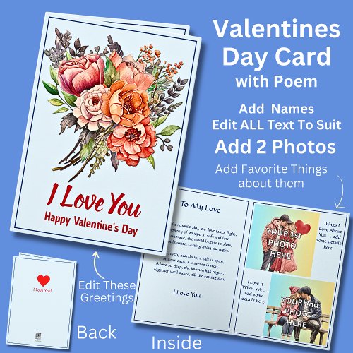 Add 2 Photos Blue Valentine Day with Love Poem Card