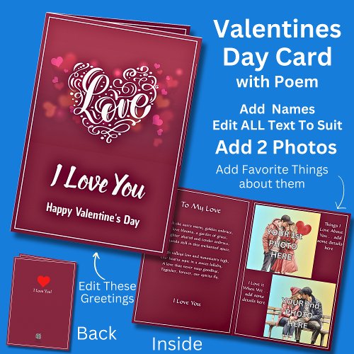 Add 2 Photos Dark Red Valentine Heart  Love Poem Card