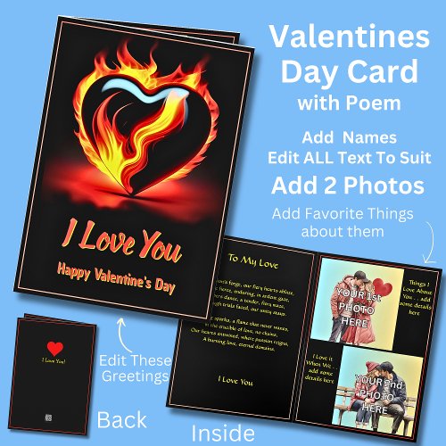 Add 2 Photos Fiery Red Valentine Heart Love Poem Card