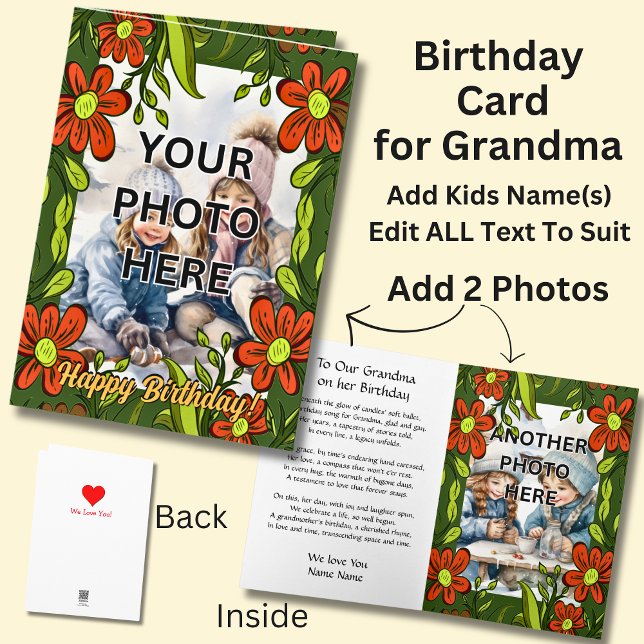 Add 2 Photo's in Red Flower Frames for Grandmother Card (Creator Uploaded)