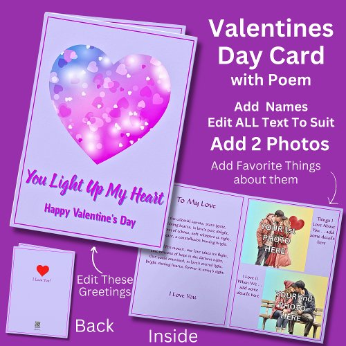 Add 2 Photos Shining Valentine Heart Love Poem Card