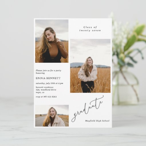 Add 3 Photo Modern Script Graduation Invitation | Zazzle