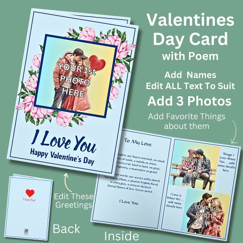 Add 3 Photos Blue Valentine Day with Love Poem Card