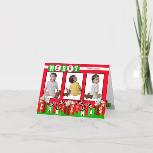 Add 3 Photos In One Merry Christmas Card Red Gift