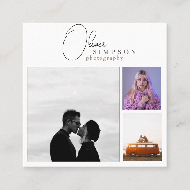 Add 3 Photos Script Photography QR Square Business Card (Front)