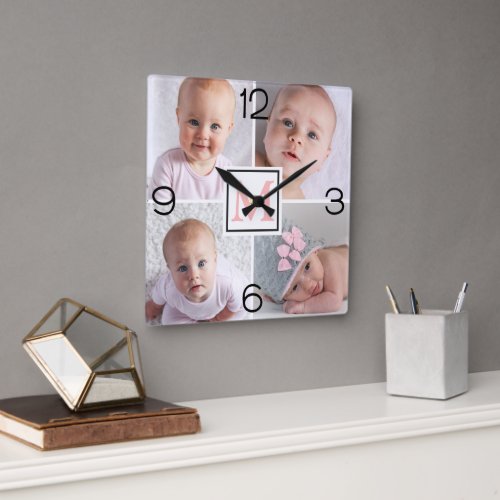 Add 4 Grandchildrens Photo Collage  Square Wall Clock
