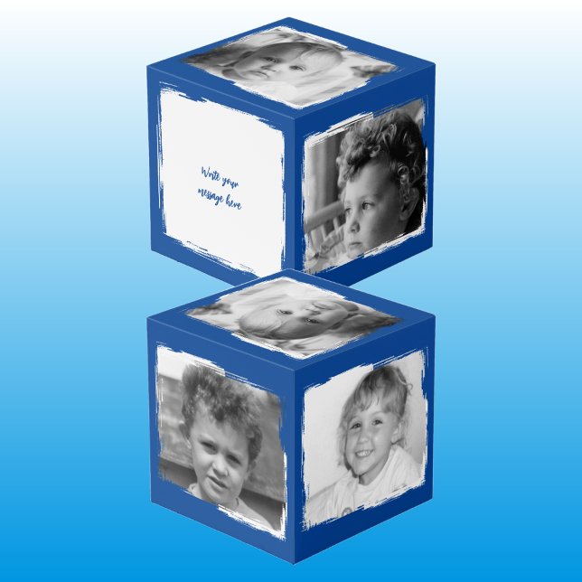 Add 4 images customize words blue white photo cube (Creator Uploaded)